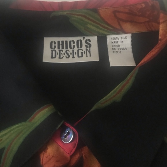 Chicos Design Silk Blouse Black Red Flowers Long Sheer Sz 2 - Picture 7 of 8